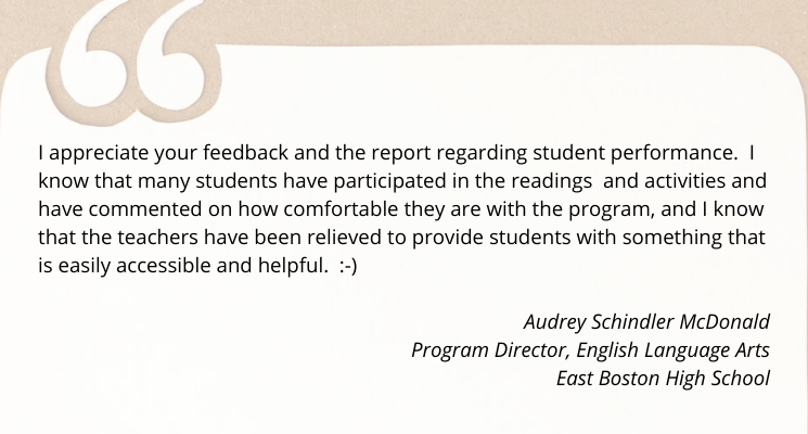 JFY testimonial from Audrey Schindler McDonald Program Director, ELA from EBHS