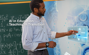 A teacher and student in a classroom blending traditional instruction with digital AI tools, symbolizing the integration of artificial intelligence in education. Image used for JFYNetWorks’ MassCUE 2025 conference recap