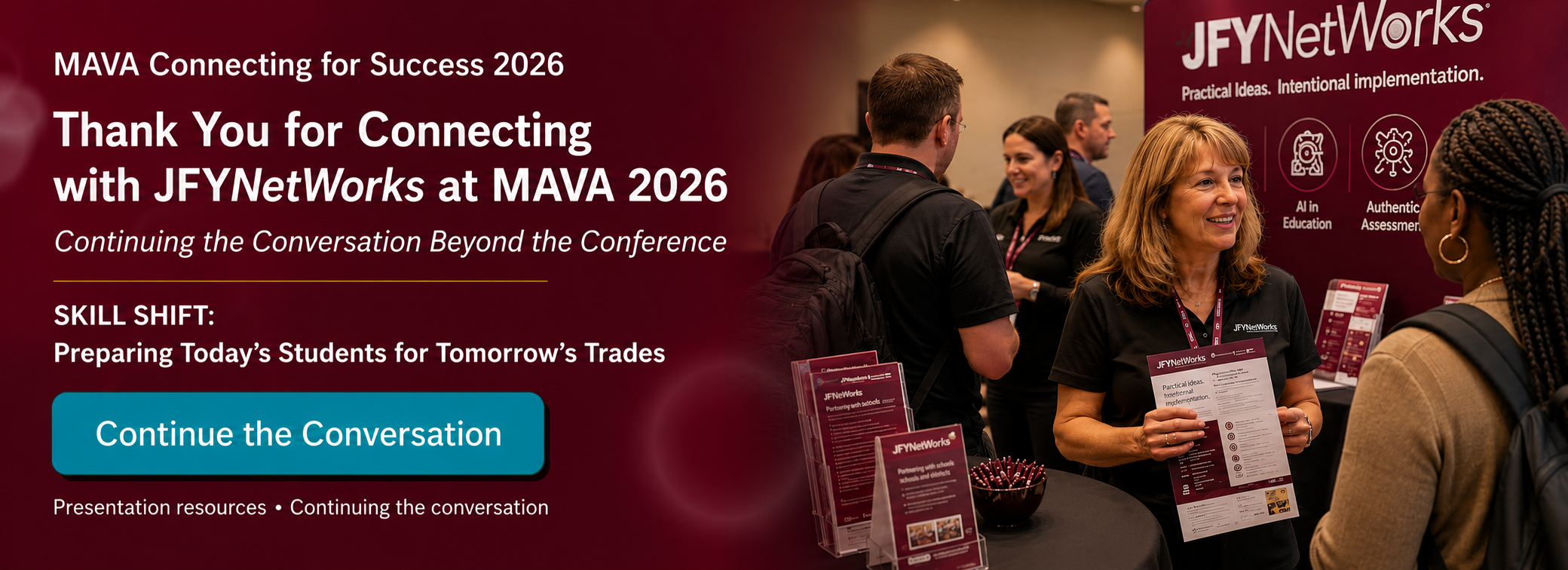 JFYNetWorks staff engaging with educators at the MAVA 2026 conference exhibition booth.