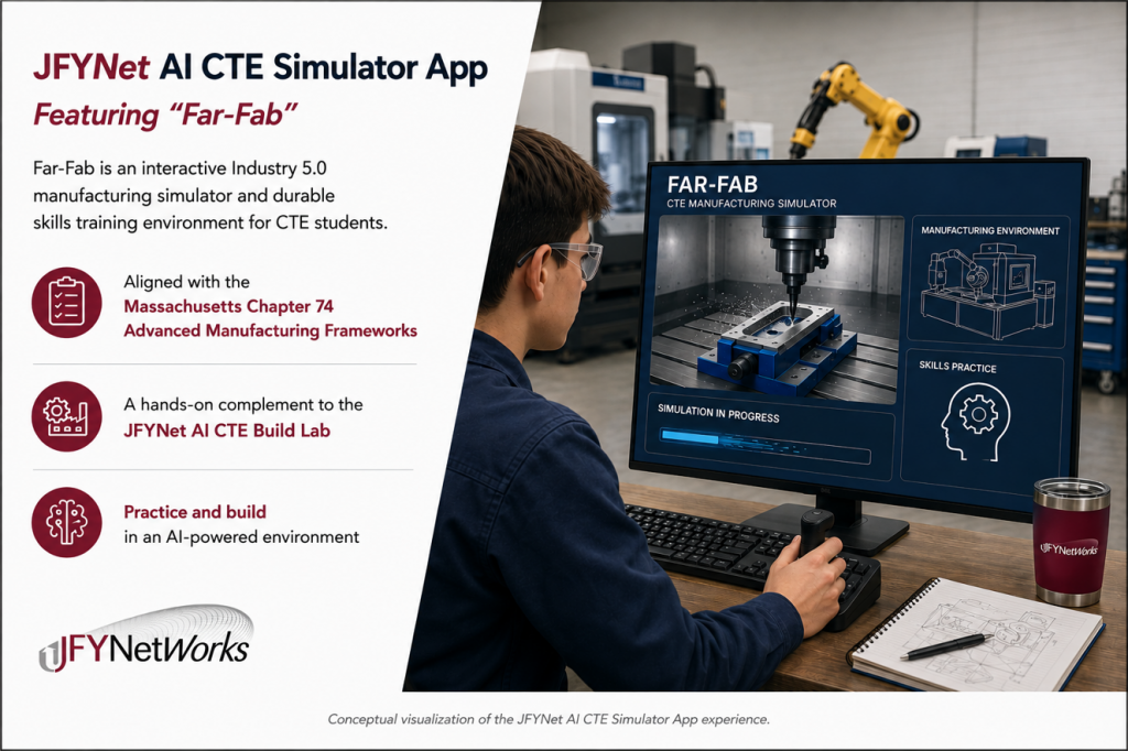Conceptual visualization of the JFYNet AI CTE Simulator App featuring Far-Fab