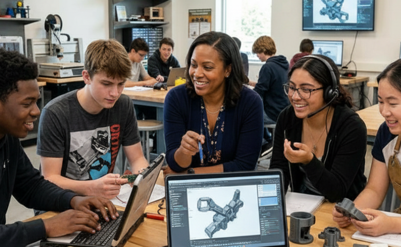 Educator guiding Career and Technical Education students as they collaborate on an engineering design project using digital design tools in a modern classroom.