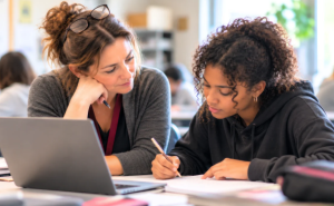 Teacher providing one-on-one guidance to a high school student, supporting personalized learning through JFYNetWorks' AIMS methodology.